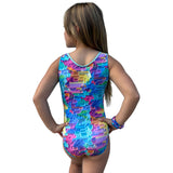 Girls Printed Blue Stretch Sleeveless Leotard with Pink Shorts