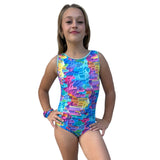 Girls Printed Blue Stretch Sleeveless Leotard with Pink Shorts