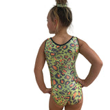 Girls Printed Green Leopard Stretch Sleeveless Leotard