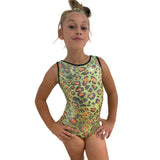 Girls Printed Green Leopard Stretch Sleeveless Leotard