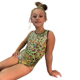 Girls Printed Green Leopard Stretch Sleeveless Leotard