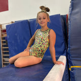 Girls Printed Green Leopard Stretch Sleeveless Leotard