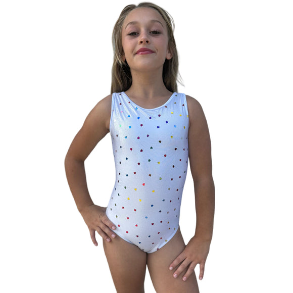 Girls Metallic Hearts Stretch Sleeveless Leotard