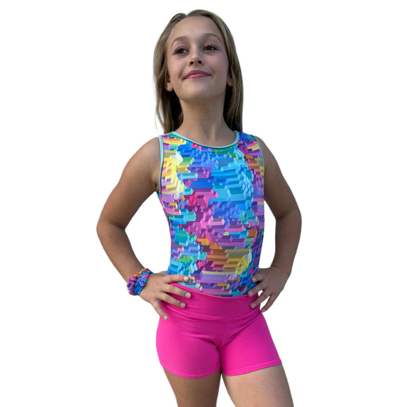 Girls Printed Blue Stretch Sleeveless Leotard with Pink Shorts