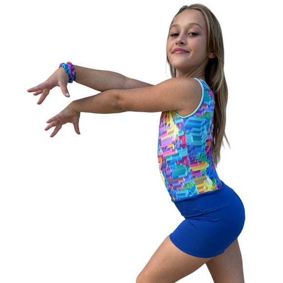 Girls Printed Blue Stretch Sleeveless Leotard with Royal Shorts