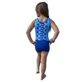 Girls Printed Royal Stretch Sleeveless Leotard with Royal Shorts