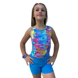 Girls Printed Blue Stretch Sleeveless Leotard with Turquoise Shorts