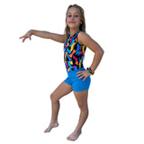 Girls Printed Multicolor Stretch Sleeveless Leotard with Turquoise Shorts