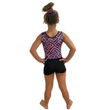 Girls Printed Pink Aztec Stretch Sleeveless Leotard with Black Shorts