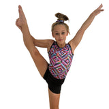 Girls Printed Pink Aztec Stretch Sleeveless Leotard with Black Shorts