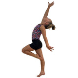 Girls Printed Pink Aztec Stretch Sleeveless Leotard with Black Shorts