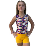 Girls Printed Purple Stretch Sleeveless Leotard with Yellow Shorts