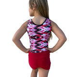 Girls Printed Red Stretch Sleeveless Leotard with Red Shorts