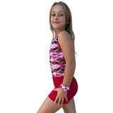 Girls Printed Red Stretch Sleeveless Leotard with Red Shorts
