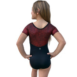Girls Black/Red Short Sleeve Competition Gymnastics Leotard