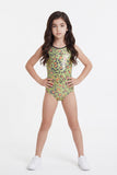 Girls Printed Green Leopard Stretch Sleeveless Leotard