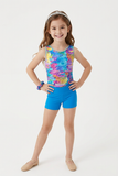 Girls Printed Blue Stretch Sleeveless Leotard with Turquoise Shorts