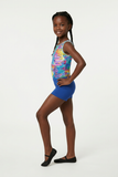 Girls Printed Blue Stretch Sleeveless Leotard with Royal Shorts