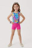 Girls Printed Blue Stretch Sleeveless Leotard with Pink Shorts