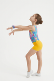 Girls Printed Blue Stretch Sleeveless Leotard with Yellow Shorts
