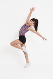 Girls Printed Pink Aztec Stretch Sleeveless Leotard with Black Shorts