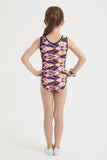 Girls Printed Purple Stretch Sleeveless Leotard with Yellow Shorts