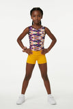 Girls Printed Purple Stretch Sleeveless Leotard with Yellow Shorts