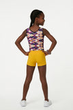 Girls Printed Purple Stretch Sleeveless Leotard with Yellow Shorts