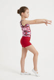 Girls Printed Red Stretch Sleeveless Leotard with Red Shorts