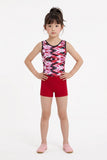 Girls Printed Red Stretch Sleeveless Leotard with Red Shorts