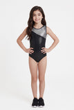 Luxury Lycra Black/Silver Tile Girls Sleeveless Leotard