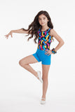 Girls Printed Multicolor Stretch Sleeveless Leotard with Turquoise Shorts