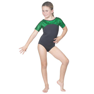 Short Sleeve Competition Leotard Green Pebble Hologram