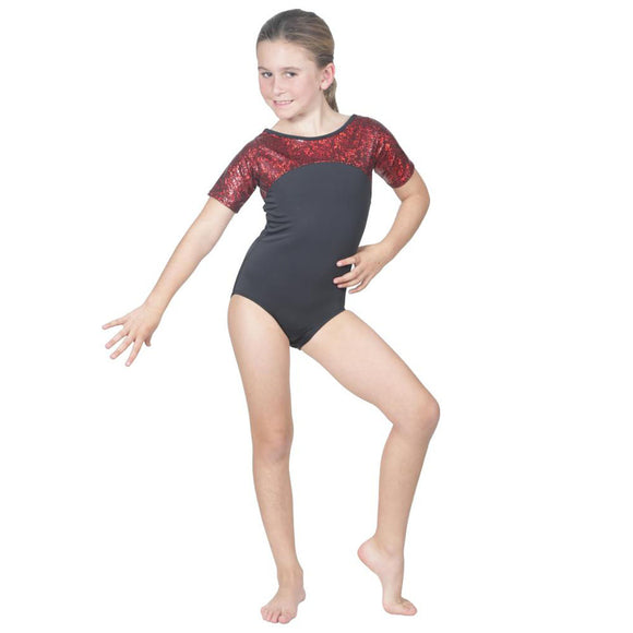 Short Sleeve Competition Leotard Red Pebble Hologram