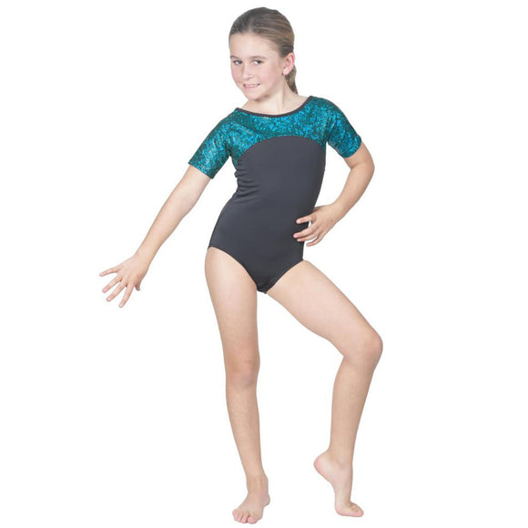 Short Sleeve Competition Leotard Turquoise Pebble Hologram