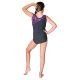 Luxury Lycra Charcoal/Geo Pink Girls Sleeveless Leotard