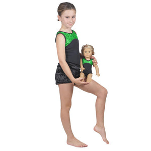 Green Pebble Leotard w. Black Soft Short and Matching Doll Outfit