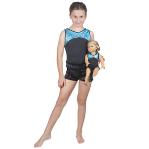 Turquoise Pebble Leotard w. Black Soft Short and Matching Doll Outfit