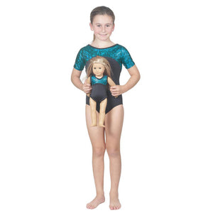 Short Sleeve Turquoise Pebble Hologram Leotard and Matching 18 Inch Doll Outfit