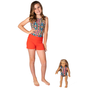 Hippy Girls Leotard w. Orange Shorts and Matching Doll Outfit