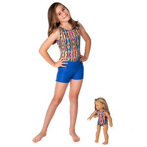 Hippy Girls Leotard w. Royal Shorts and Matching Doll Outfit