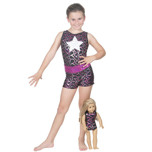 Metallic Ribbons/Star Gymnastics Leotard, Shorts, and Matching 18 Inch Doll Outfit