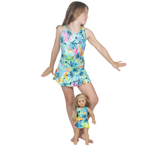 Neon Garden One Piece and Swim Skirt with Matching Doll Bathing Suit