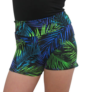 Blue Palm Print Spandex Shorts